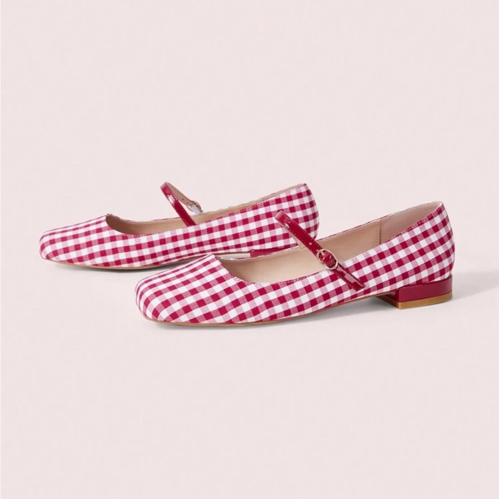 New Women'S Flat Red Square Toe Checkered Cloth Mary Jane Shoes